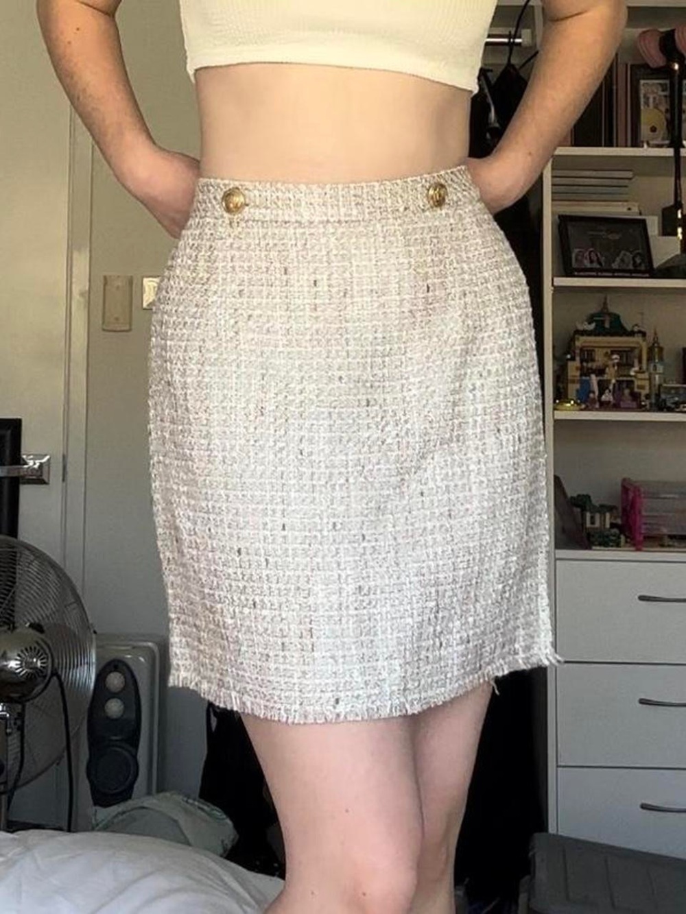 H&M Textured Cream Tweed Mini Skirt with Gold Accent